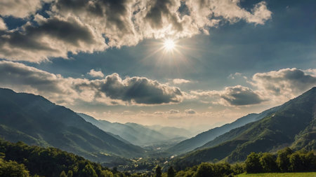 Sunset in the mountains with clouds and green meadows. Landscape.の写真素材