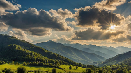 Beautiful sunset in the mountains. Summer landscape in the Carpathians.の写真素材