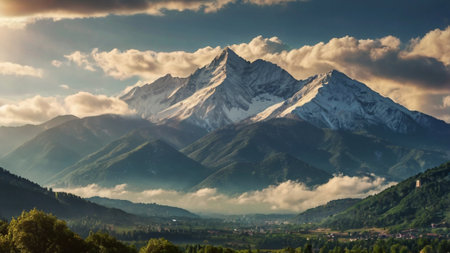 Mountain landscape with snow-capped peaks in the clouds.の写真素材