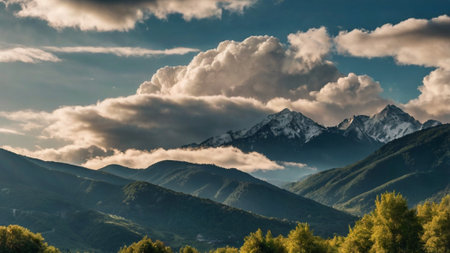 Mountain landscape with clouds in the sky. Caucasus, Georgia.の写真素材