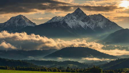 Majestic sunset in the mountains landscape. Dramatic sky. Beauty world.の写真素材