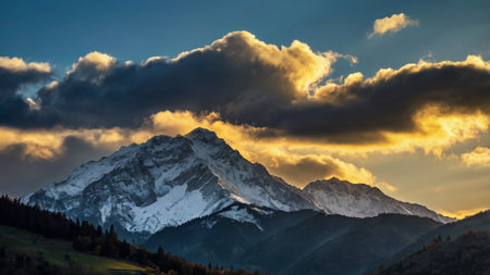 Sunset in the mountains with clouds over the peaks of the Alpsの写真素材