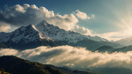 Mountain landscape with clouds and sun. Panoramic view.の写真素材