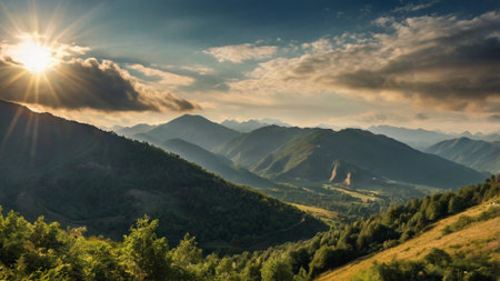 Mountain landscape at sunrise. Panoramic view of the Caucasus mountains.の写真素材