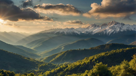 Mountain landscape with snow-capped peaks and green forest at sunsetの写真素材