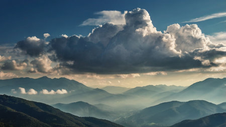 Mountain landscape. Panoramic view of the mountains and cloudsの写真素材
