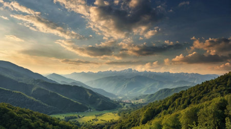 Panoramic view of the Caucasus mountains in Georgia at sunset.の写真素材