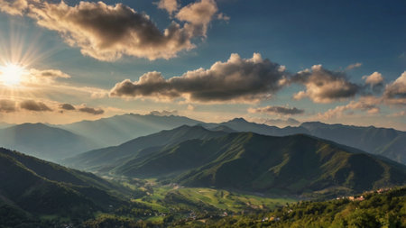 Sunset in the mountains. Panorama of the mountain valley.の写真素材