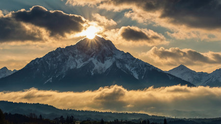 Sunrise over the mountain rangeの写真素材