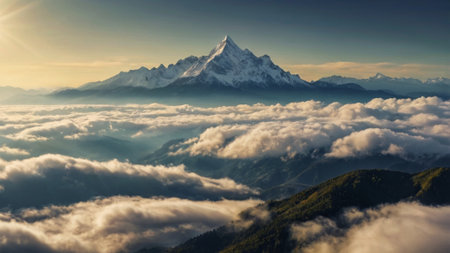Panoramic view of the mountains in the clouds.の写真素材