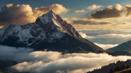 Mountain landscape at sunset. Panoramic view of the mountain range.の写真素材