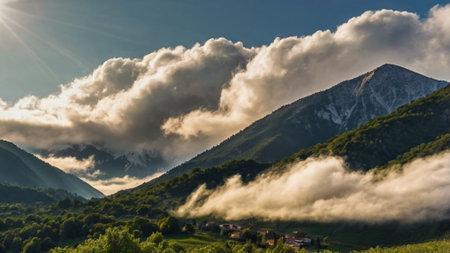 Beautiful panorama of the mountains with clouds in the morning lightの写真素材