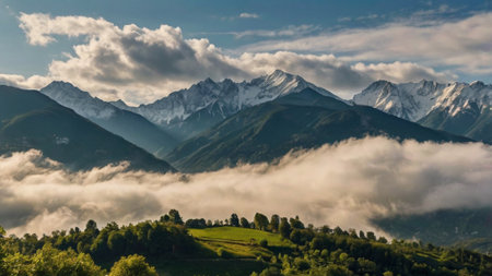Panoramic view of the mountains in the clouds. Caucasus Mountains, Georgia.の写真素材