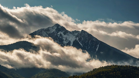 Panoramic view of the mountains in the clouds. Caucasus Mountains, Georgia.の写真素材