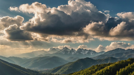 Mountain landscape with clouds at sunset. Caucasus Mountains, Georgia.の写真素材