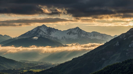 Sunset over the mountains in the Alps in Tyrol, Austriaの写真素材
