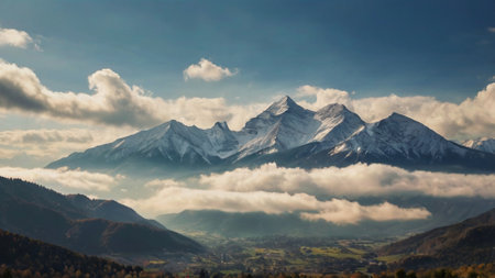 Mountains in the clouds. Panoramic view of the Alps.の写真素材
