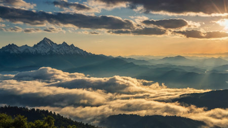 Sunset over the mountains in the clouds.の写真素材
