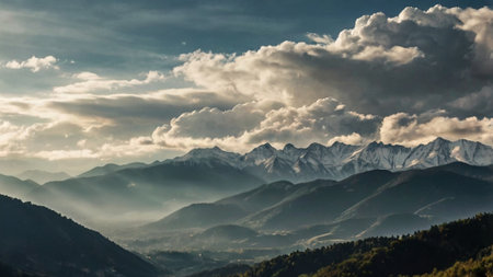 Beautiful landscape of mountains and clouds in the morning. Caucasus, Russiaの写真素材