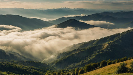 Morning fog in the Carpathian mountains. Ukraine, Europe.の写真素材