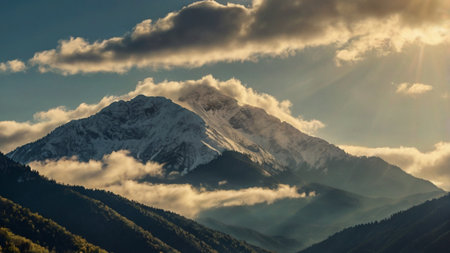 Mountain landscape with snow-capped peaks of the Caucasus Mountains.の写真素材