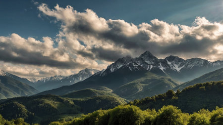 Panoramic view of the Caucasus mountains in the morning, Georgiaの写真素材