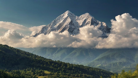 Mountain landscape with blue sky and white clouds. Caucasus, Dombaj.の写真素材