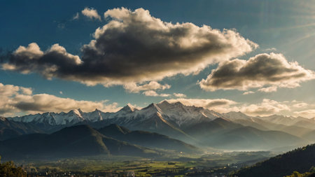 Mountain landscape with snow-capped peaks in the clouds.の写真素材