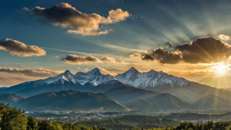 Sunset in the mountains. Panorama of the Caucasus Mountains.の写真素材