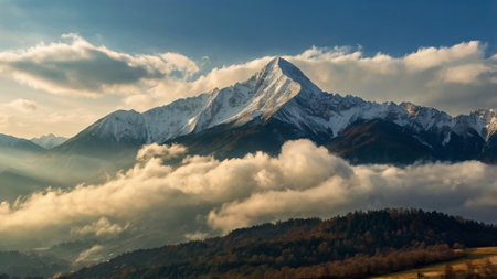 Panoramic view of the snow-capped peaks of the mountainsの写真素材