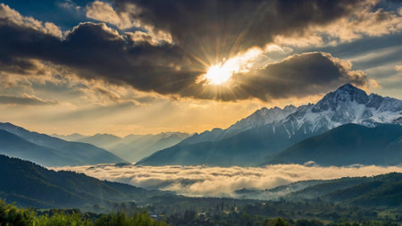 Sunset in the mountains with clouds and fog. Caucasus, Russiaの写真素材