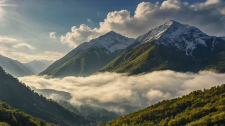 Mountain landscape in the clouds. Caucasus, Dombay.の写真素材