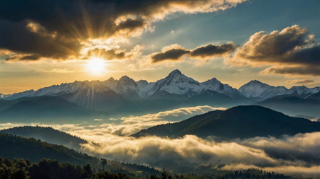 Majestic sunset in the mountains landscape. Dramatic overcast sky. Carpathian, Ukraine, Europe. Beauty world.の写真素材