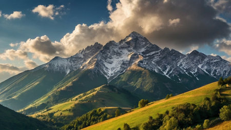 Panoramic view of the snow-capped peaks of the Caucasus mountains.の写真素材