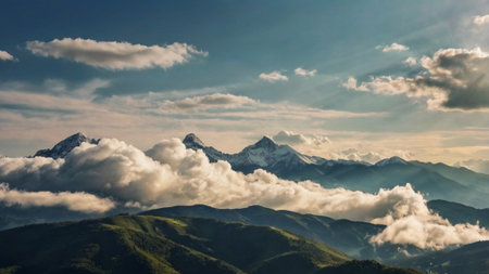 Mountain landscape with clouds and blue sky. Caucasus Mountains, Georgia.の写真素材