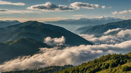 Sunrise in the mountains with clouds and fog. Carpathians, Ukraineの写真素材