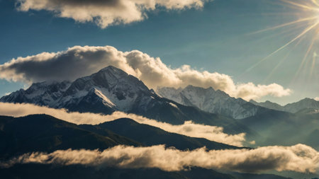Mountain landscape with clouds and sun. Caucasus, Dombay.の写真素材