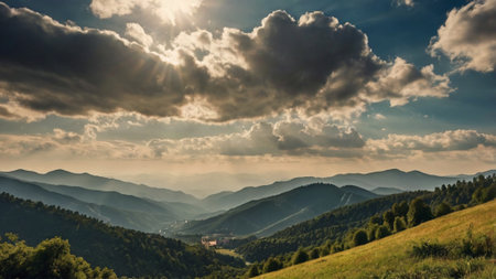 Sunset in the mountains. Beautiful landscape in the Carpathians.の写真素材