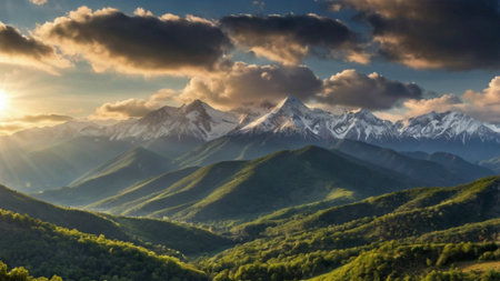 Beautiful sunset in the mountains. Panoramic view of the Caucasus Mountains.