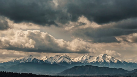 Snowy mountains in the clouds, panoramic view of the mountainsの写真素材