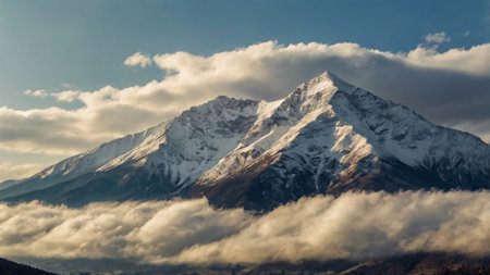 Mountains in the clouds. Snow-capped peaks.の写真素材