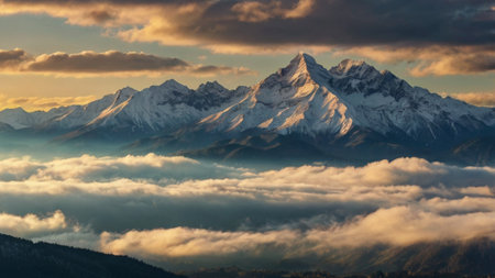 Mountain landscape with clouds at sunset.の写真素材