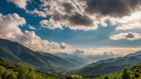Landscape of mountains and clouds in the morning. Caucasus, Russiaの写真素材