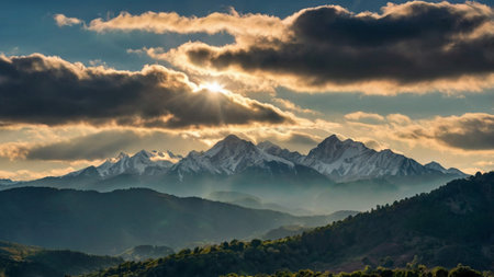 Beautiful panoramic view of Himalayas mountains at sunset
