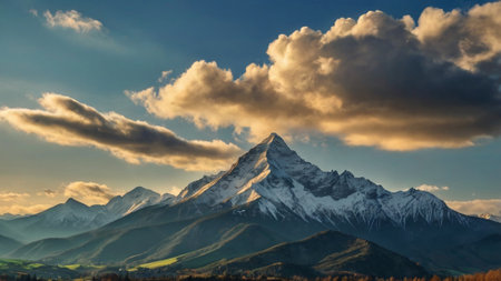Mountain landscape with snow-capped peaks at sunset.