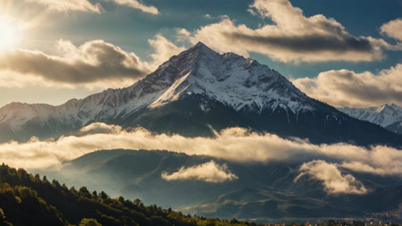 Mountain landscape with snow-capped peaks in the clouds at sunset