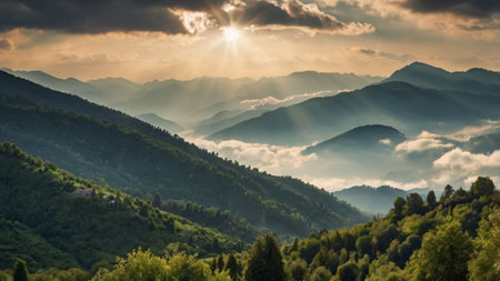 Beautiful summer landscape in the mountains. Sunrise over the mountains.