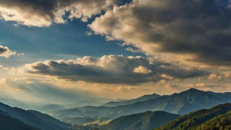 Panoramic view of the mountains in the rays of the setting sun