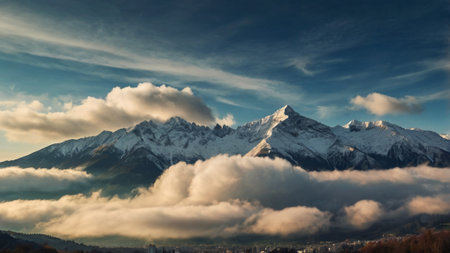 Panoramic view of the snow-capped peaksの写真素材