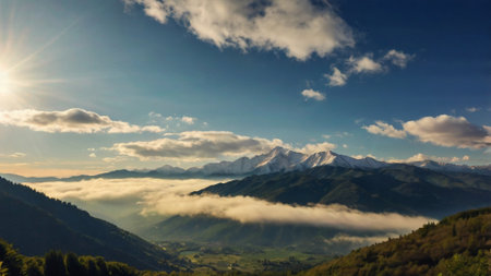 Sunrise in the mountains. Beautiful summer landscape with mountains and clouds.の写真素材